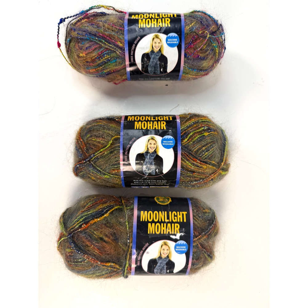 Lion Brand Moonlight Mohair Yarn 2 Skeins Rain Forest & 1 Skein Rainbow Falls